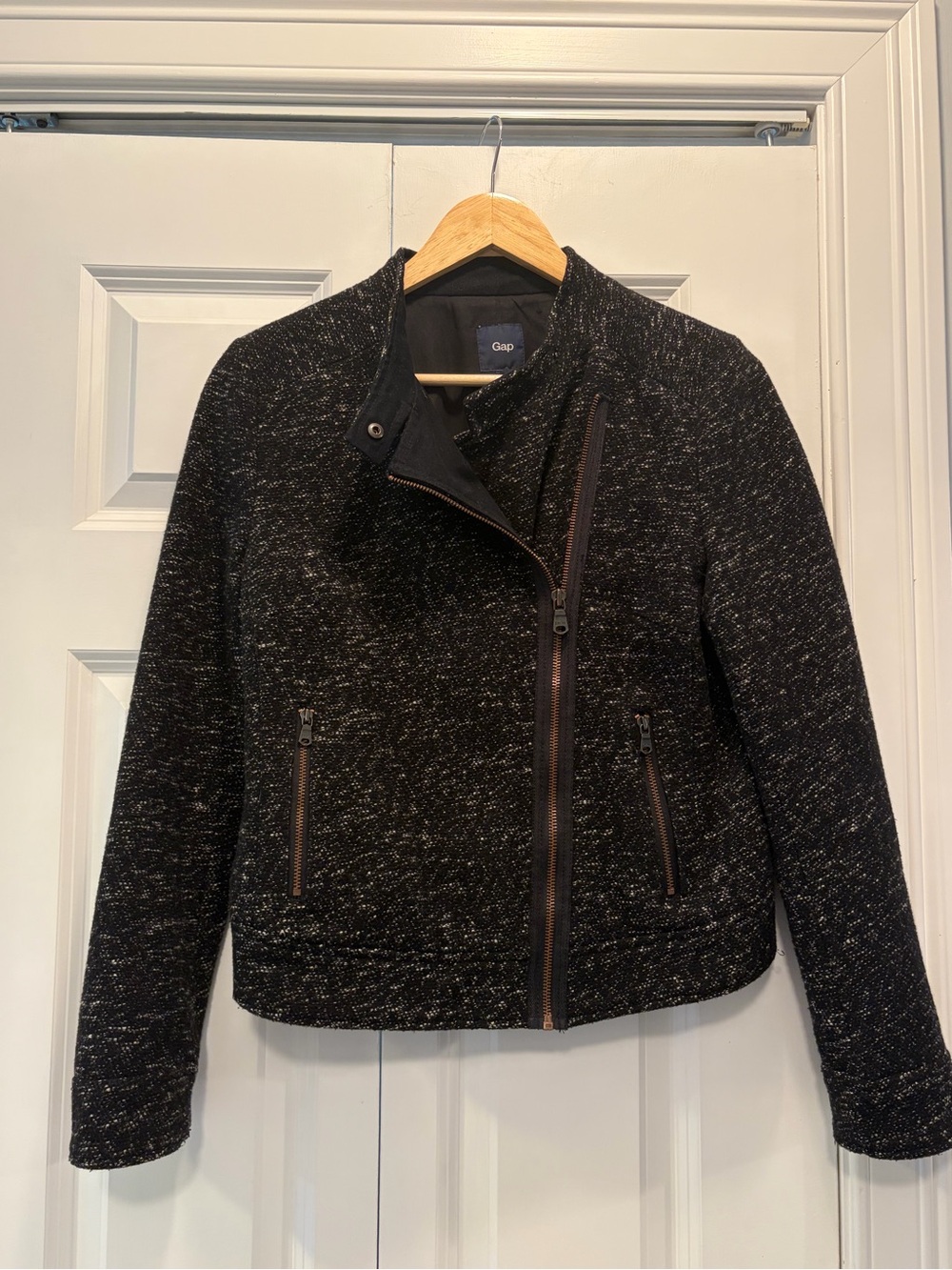 GAP Black Marled Knit Asymmetrical Zip Bomber Jacket